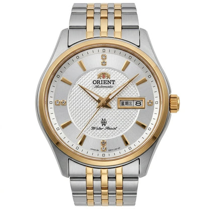 Mekanisk automatisk herrklocka från Orient, med dubbel kalender (datum och veckodag), kristallindex och armband i rostfritt stål – Armbandsur i affärsstil