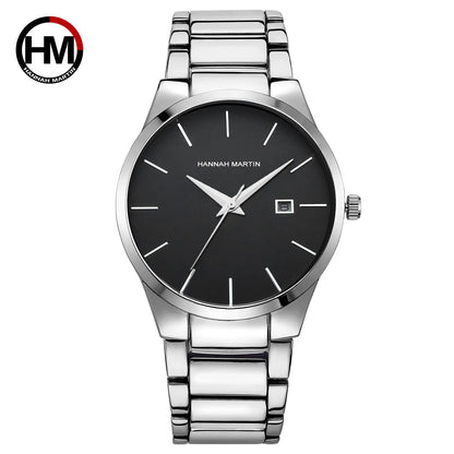 Montre pour homme Hannah Martin, boîtier en acier inoxydable, mouvement à quartz, cadran de 41 mm, style professionnel, avec affichage du calendrier (imitation)