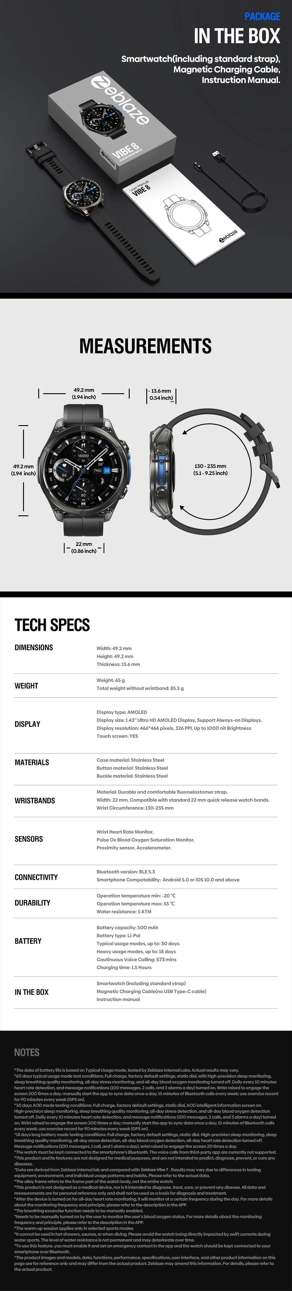 New Zeblaze VIBE 8 AMOLED Display Built-in Flashlight Smartwatch Sapphire Lens Make/Receive Calls HR/BP Monitoring Smart Watch
