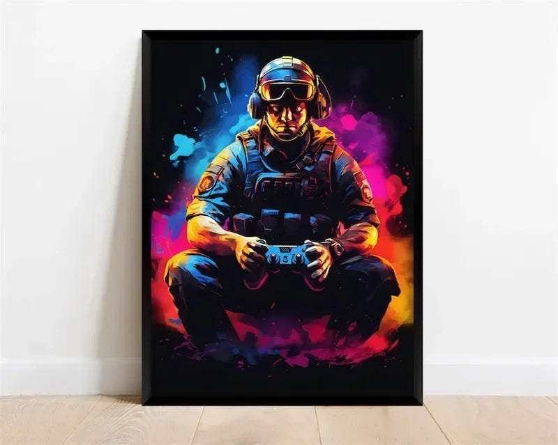 Pop-Neon-Poster mit Videospiel-Charakter, Gamepad, Kopfhörern, Fußball und Basketball – Leinwanddruck, Wandkunst-Dekor für das Gaming-Zimmer