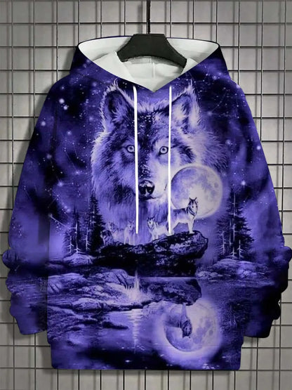 European and American men's autumn fashion wolf print soft and comfortable hooded sweatshirt outdoor urban high street clothing