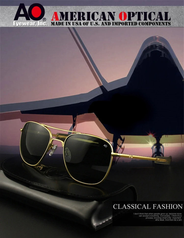 Occhiali da sole Pilot AO da uomo, marca di alta qualità, design AGX, lenti in vetro temperato, occhiali da sole da uomo