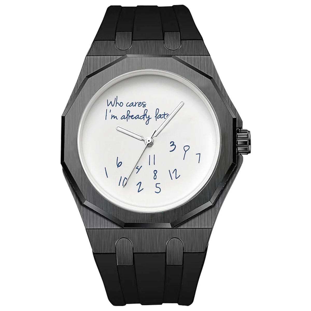 Orologio da uomo di lusso con cassa ottagonale e cinturino in silicone, impermeabile, dotato di un quadrante che riporta lo slogan umoristico «Who Cares I'm Already Late» (E allora? Sono già in ritardo).