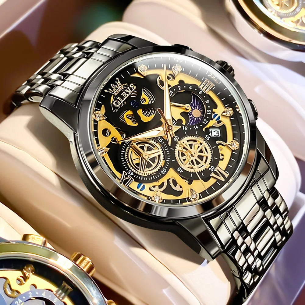 OLEVS men’s watch – Luxury model, water-resistant, quartz, skeletonised style, 24-hour display (day/night), gold colour