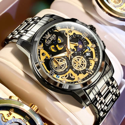 OLEVS men’s watch – Luxury model, water-resistant, quartz, skeletonised style, 24-hour display (day/night), gold colour