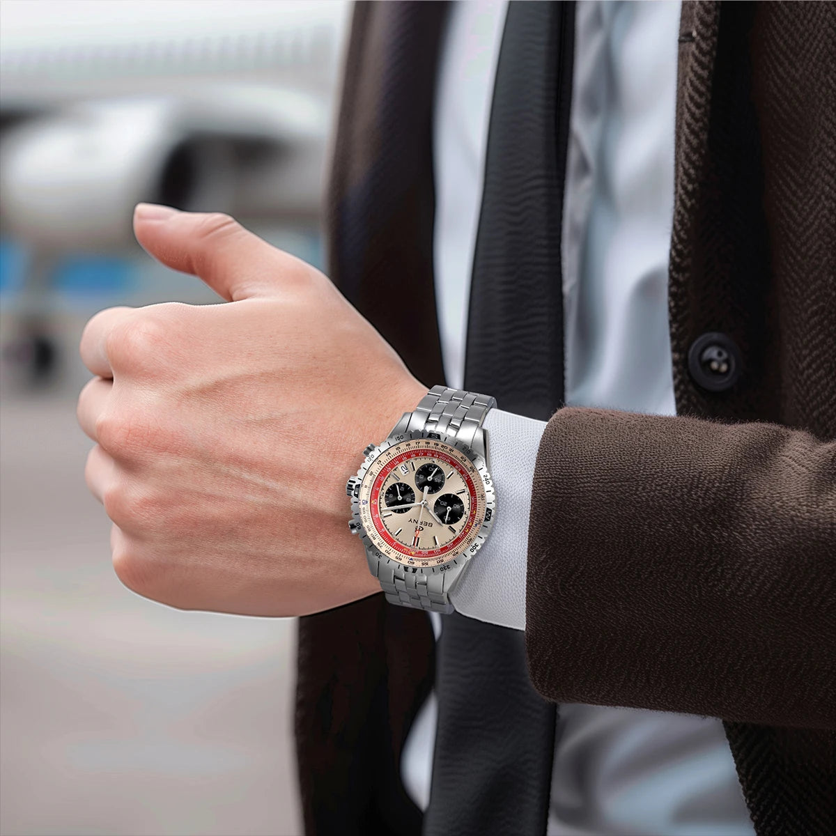 Montre chronographe pour homme BERNY – Montre à quartz multifonction de style aviation, dotée d'un affichage de la date, d'un verre saphir et d'une excellente luminescence – Montre-bracelet de luxe pour homme