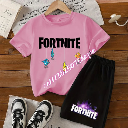 Completo estivo Fortnite con T-shirt e shorts per bambini e bambine, set 2 pezzi, abbigliamento bambino con top, T-shirt e pantaloncini, stampa Fortress Night, idea regalo