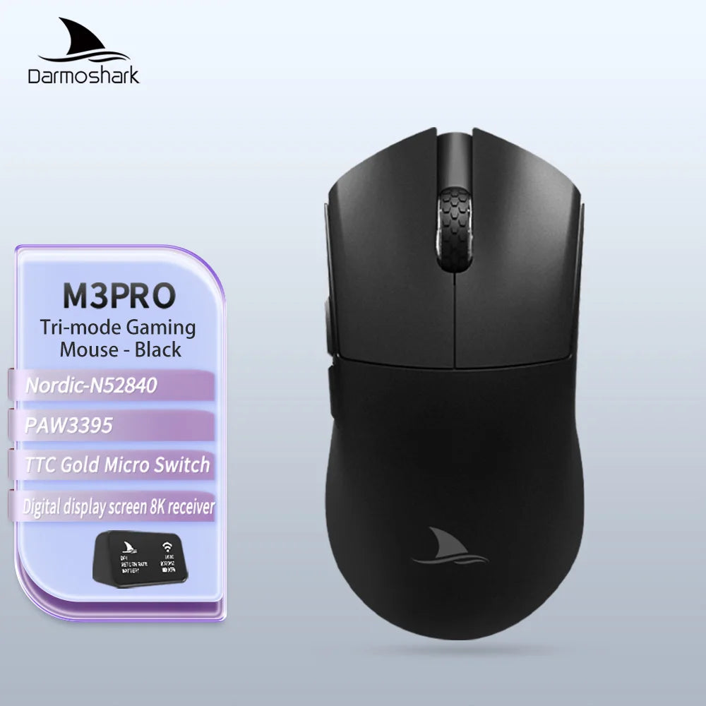 Rato Gaming Darmoshark M3Pro 2.4G BT sem fios Tri-Mode, sensor PAW3395, N52840, 26000DPI, rato com driver macro para mãos grandes e gaming