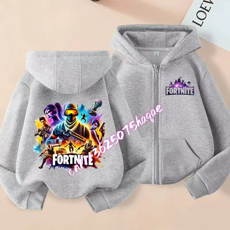 Casacos com capuz e fecho para criança Fortnites, sweatshirts Anime Fortress Night, sweatshirts gaming de primavera/outono, roupa desportiva infantil, presente