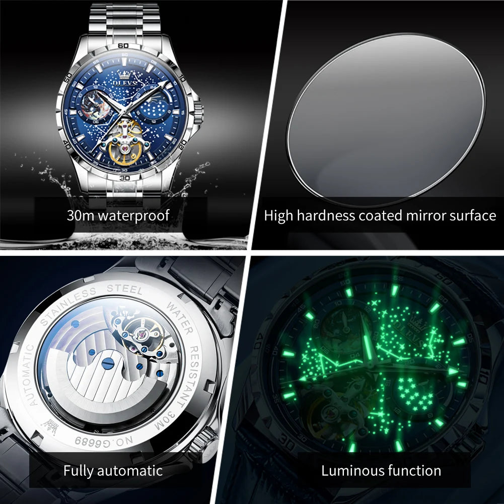 OLEVS Men’s Flywheel Skeleton Automatic Watch Starry Sky Dial, Luminous Mechanical Movement & Waterproof Business Wristwatch