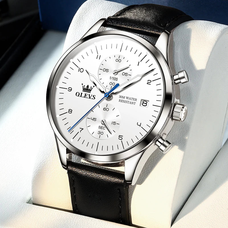 OLEVS 2880 herenhorloge – Elegante en strakke chronograaf, leren band, automatische datumweergave, waterdicht, lichtgevende wijzers, quartz uurwerk.