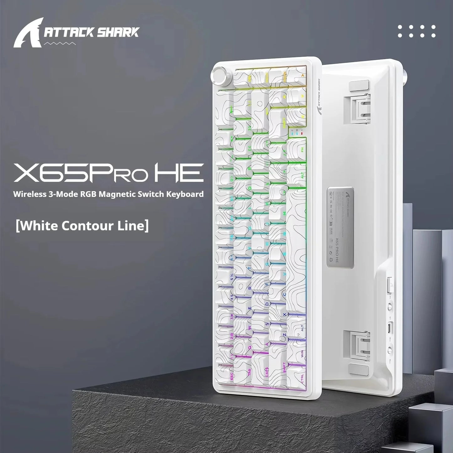 Teclados Gaming Sem Fios Attack Shark X65 PRO HE com Switches Magnéticos 8K RT0.001mm, Gravação Lateral, Bluetooth, Windows Mac PC