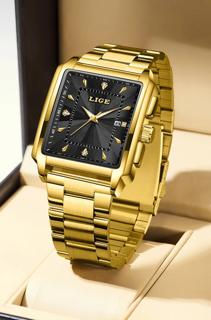 Reloj para hombre LIGE: estilo militar y moderno, caja cuadrada, cronógrafo de cuarzo, resistente al agua, marca de lujo