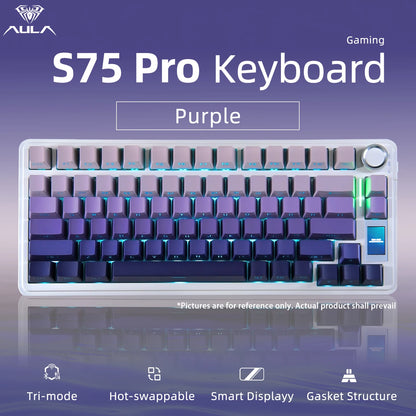 Tastiera meccanica AULA S75 PRO 75% layout personalizzato, retroilluminazione RGB, wireless Bluetooth, tastiera da gaming con schermo e manopola