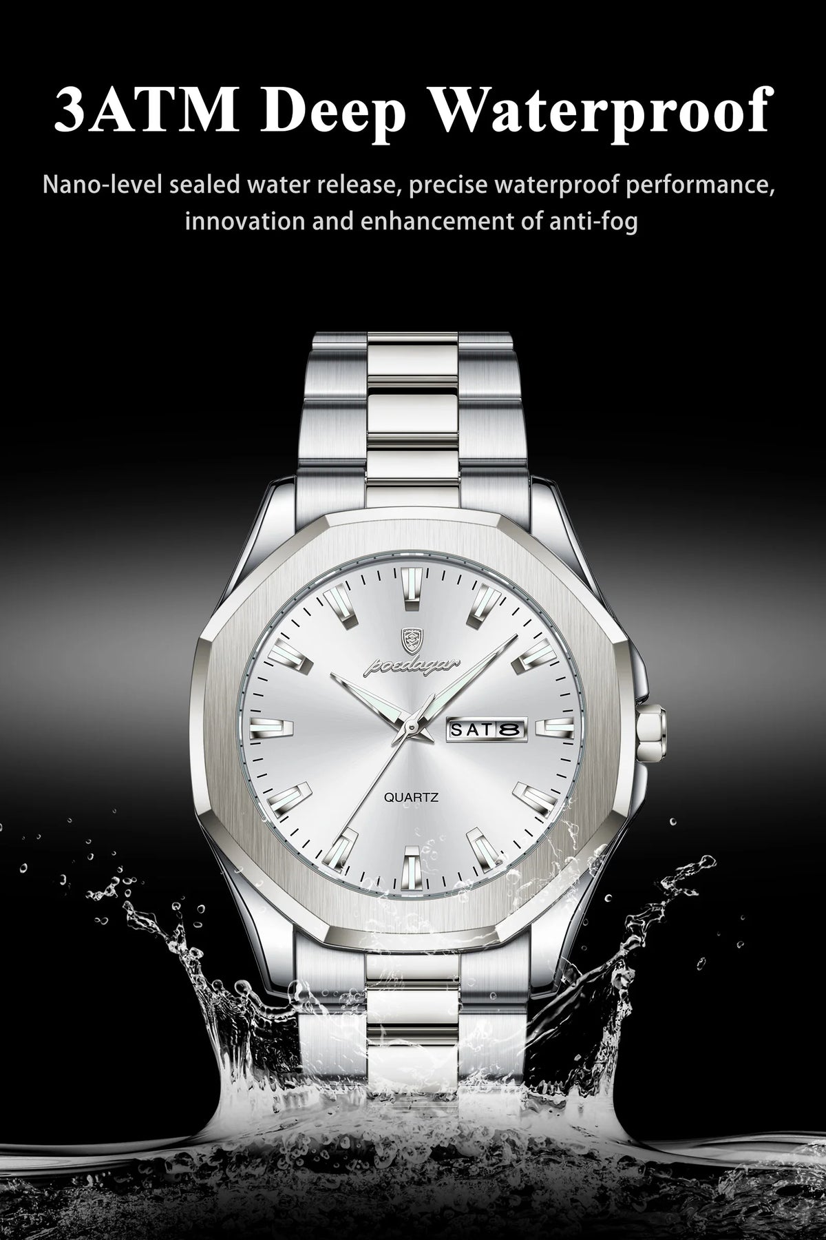 POEDAGAR Luxury Men Wristwatch Waterproof Luminous Week Date Casual Man Clock Stainless Steel Quartz Fashion Men's Watches Reloj