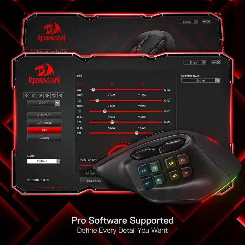 Геймърска MMO мишка Redragon M811 Aatrox, кабелна RGB мишка за геймъри с 15 програмируеми бутона и ергономичен дизайн за естествен захват