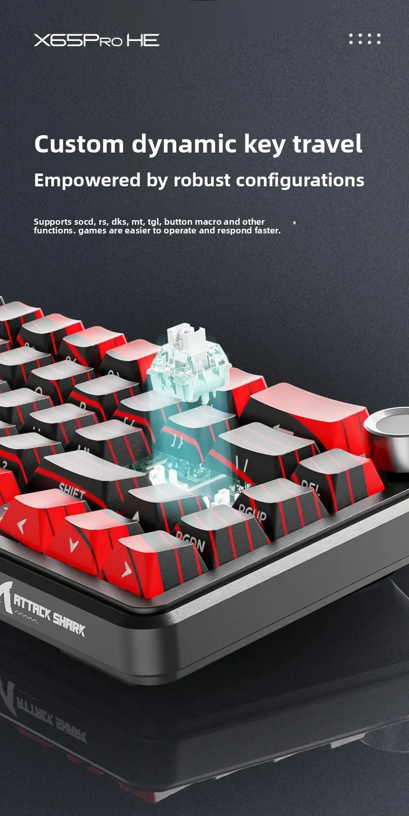 Teclados Gaming Sem Fios Attack Shark X65 PRO HE com Switches Magnéticos 8K RT0.001mm, Gravação Lateral, Bluetooth, Windows Mac PC