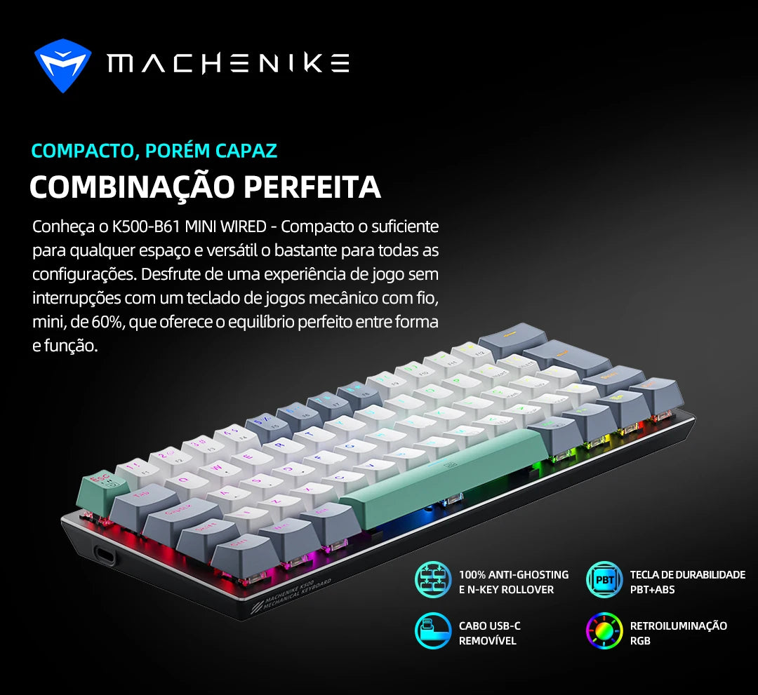 Teclado Mecânico Mini Machenike K500-B61 60% Layout ABNT2, Retroiluminação RGB, Hot-swappable, NKRO, Teclado Gaming com Fios para PC Gamer