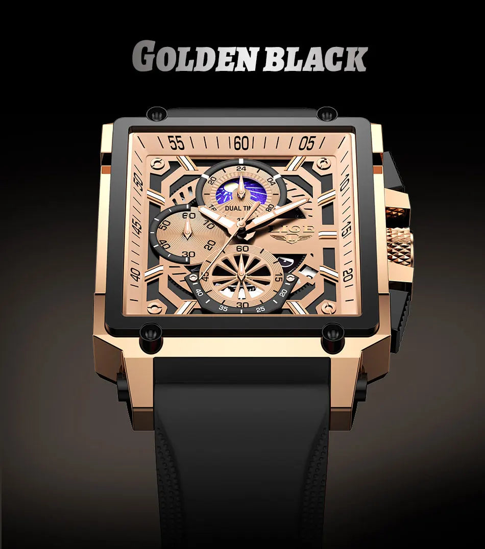 New LIGE Mens Watches Top Brand Luxury Hollow Square Sport Watch For Men Fashion Silicone Strap Waterproof Quartz WristWatch+Box