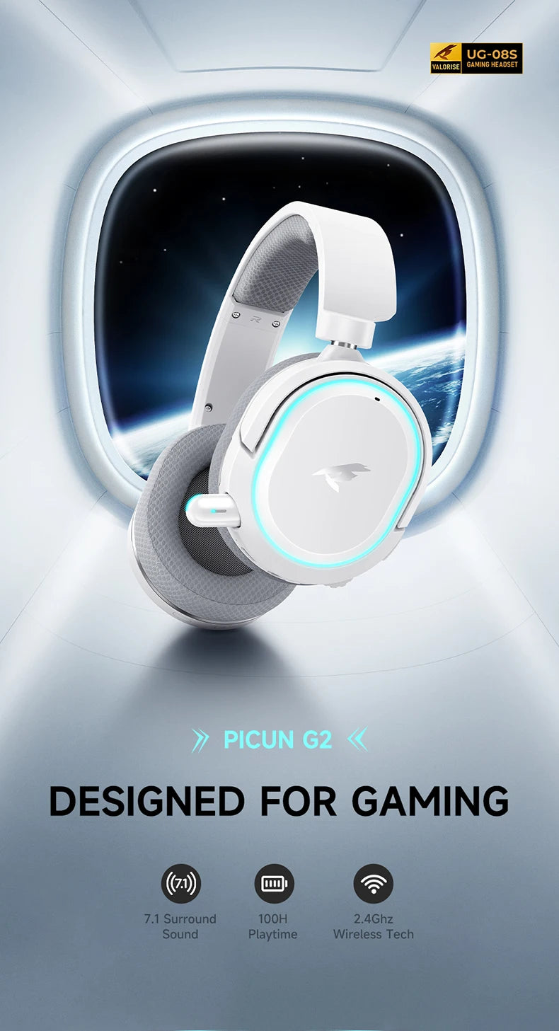 Auriculares gaming inalámbricos Picun G2 Bluetooth 5.3 – Sonido envolvente 7.1, auriculares gaming de baja latencia de 5ms con micrófono ENC para PC, PS5, PS4, Switch y móvil