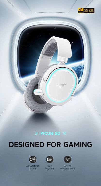 Auriculares gaming inalámbricos Picun G2 Bluetooth 5.3 – Sonido envolvente 7.1, auriculares gaming de baja latencia de 5ms con micrófono ENC para PC, PS5, PS4, Switch y móvil