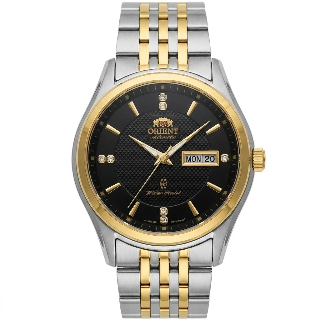 Mekanisk automatisk herrklocka från Orient, med dubbel kalender (datum och veckodag), kristallindex och armband i rostfritt stål – Armbandsur i affärsstil