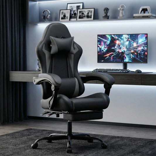 Gaming Chair Ergonomic Gaming Chair with Lumbar Pillow and Headrest, Gamer Chair Height Adjustable, PC Chair for Adults Girls Boys, Black Grey