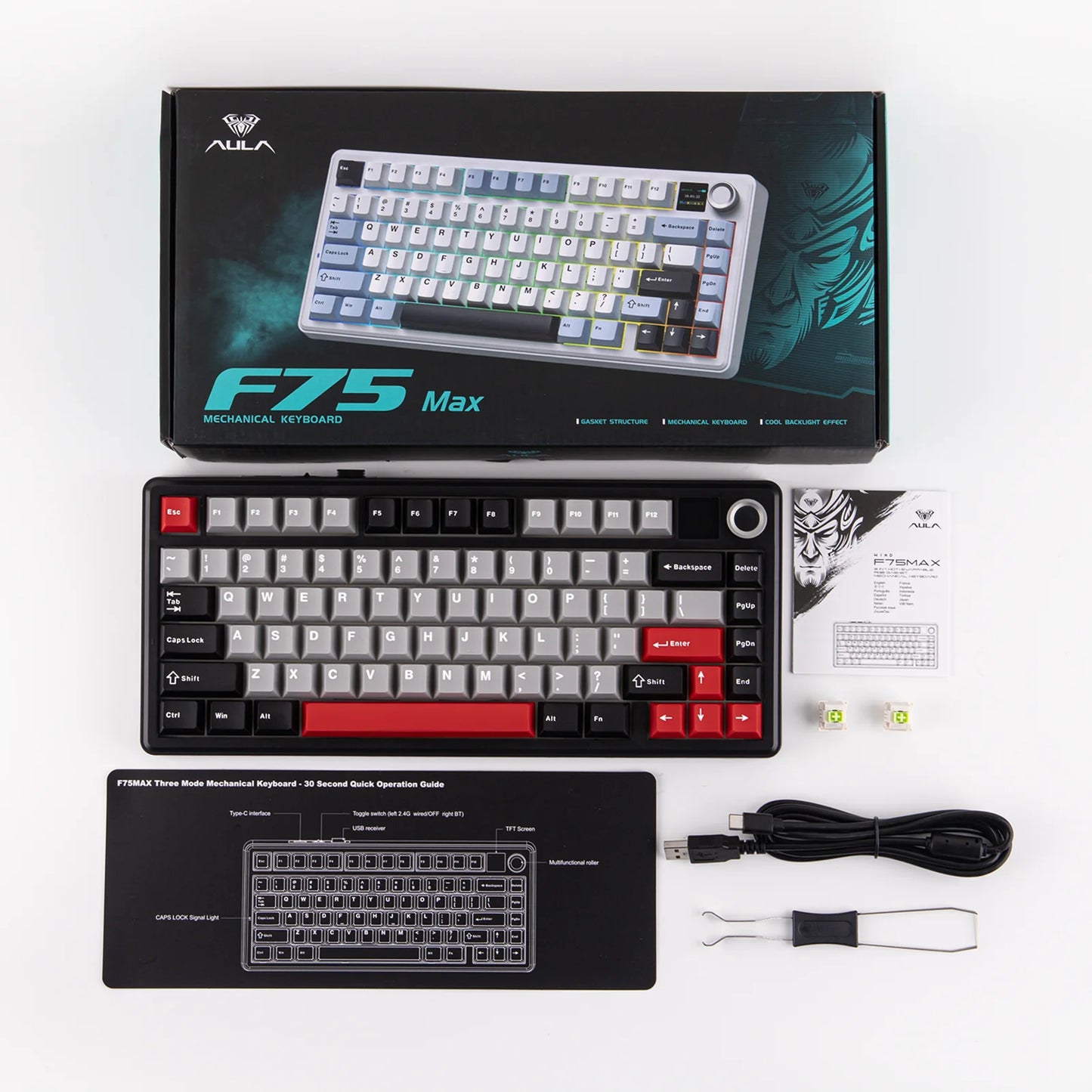 EPOMAKER X AULA F75 MAX kompakte mechanische Tastatur im 75-%-ANSI-Layout, kabelgebunden/Bluetooth/2.4GHz kabellos, mit TFT-Bildschirm und Drehregler