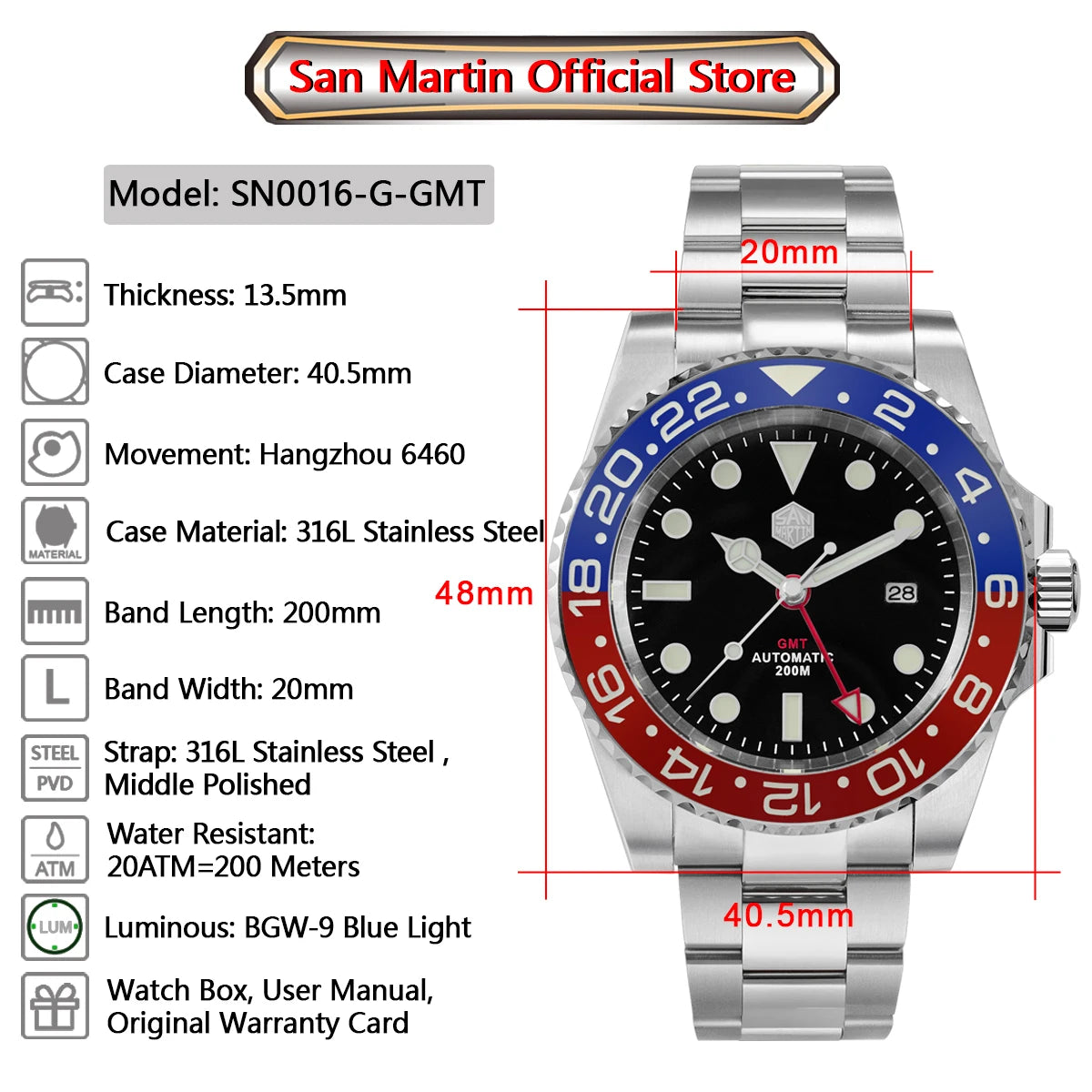 San Martin Luxury GMT Hangzhou 6460 Men's Automatic Mechanical Watch Business Sports Waterproof 200m Sapphire Full Luminous SN0016