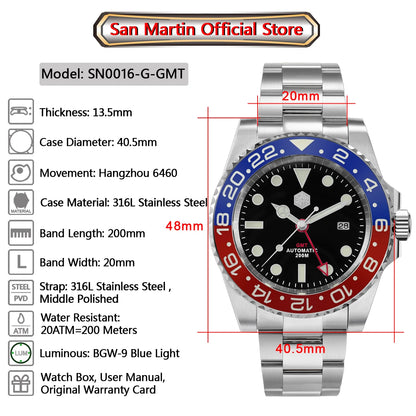 San Martin Luxury GMT Hangzhou 6460 Men's Automatic Mechanical Watch Business Sports Waterproof 200m Sapphire Full Luminous SN0016