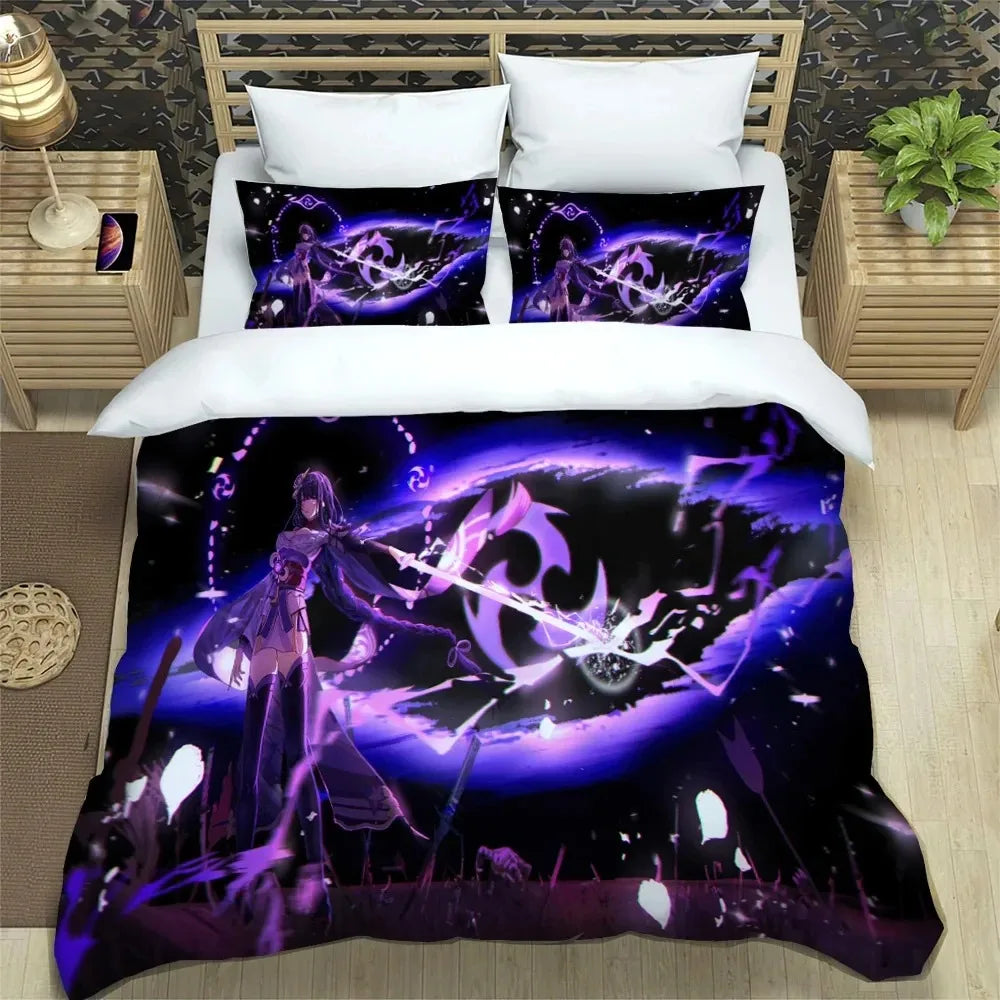 Conjunto de cama Anime Genshin Impact para rapaz e rapariga, tamanhos Twin e Queen, capa de edredão e fronha, roupa de cama moderna para crianças e adultos, têxtil-lar
