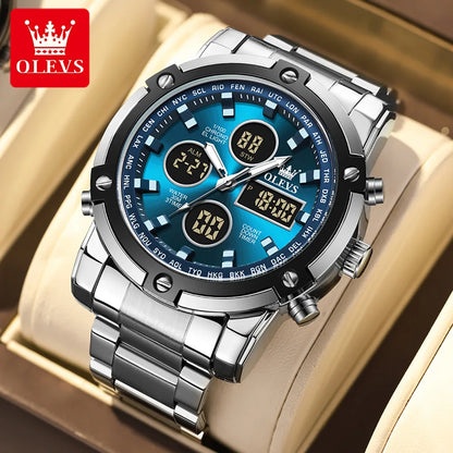 OLEVS Herrenuhr – Wasserdichte Quarz-Armbanduhr aus Edelstahl mit LED-Anzeige – Sportlicher und trendiger Stil (Modell 1106)