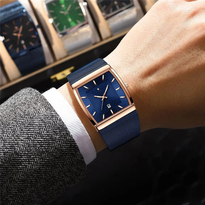 Montres-bracelets à quartz, nouvelles montres carrées pour hommes, couleur or rose, de haute qualité; montre de marque de luxe, modèle pour homme, cadran bleu.
