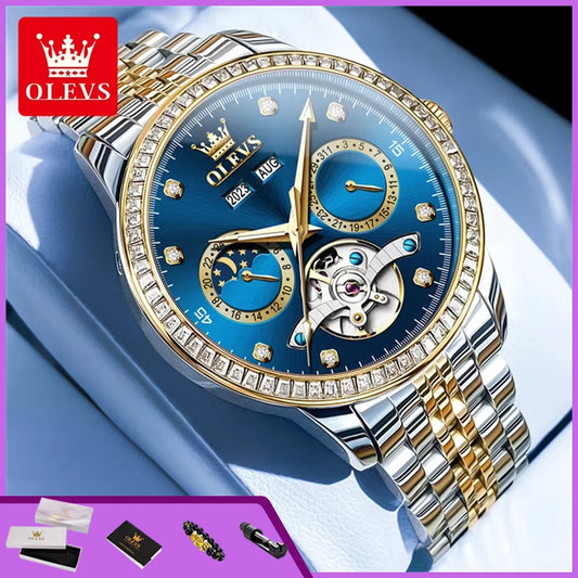 OLEVS 7016 Automatic Man Watch Stainless Steel Diamond Bezel Skeleton Flywheel Moon Phase Luminous Waterproof Mechanical Watches