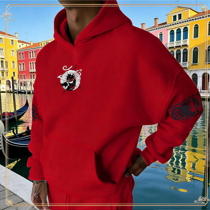 One Piece Luffy Gear 5 Hoodie Pants Set Red Cotton Tracksuit with Character Print on Hoodie Front Pant Side Loose Fit Two Piece