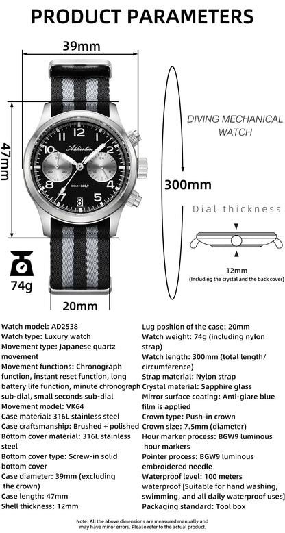 ADDIESDIVE 2025 New Panda Eye Men's Watches Retro Luxury VK64 Quartz Watch Sport Chronograph 100M Waterproof Luminous