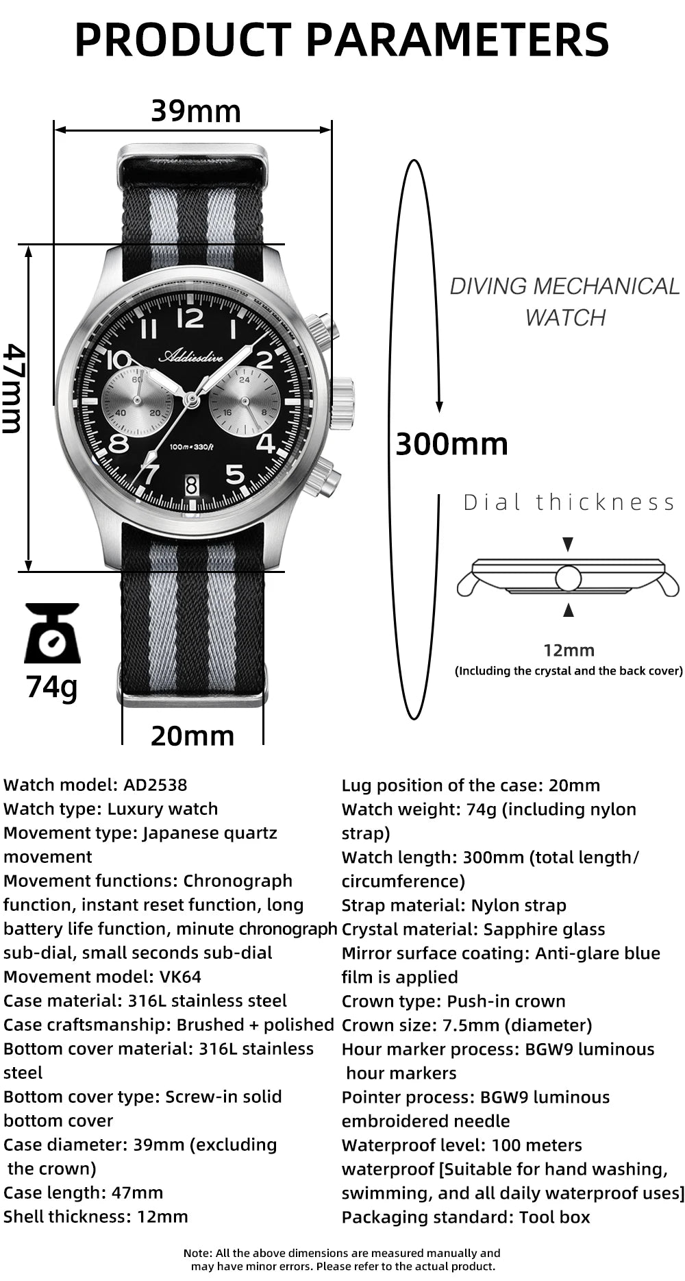 ADDIESDIVE 2025 neue Panda Eye Herrenuhr, Retro-Luxus, VK64 Quarzuhr für Herren, Sport-Chronograph, 100M wasserdicht, leuchtend