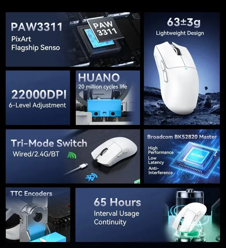 ATTACK SHARK X11SE ultralet trådløs gamingmus, 20Million cyklusser levetid, PAW3311 Gaming, 22KDPI, 400IPS, 40G, 1KHz, 65 timer, 30mAH