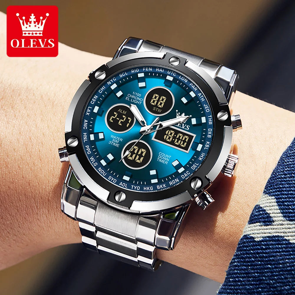 OLEVS Herrenuhr – Wasserdichte Quarz-Armbanduhr aus Edelstahl mit LED-Anzeige – Sportlicher und trendiger Stil (Modell 1106)