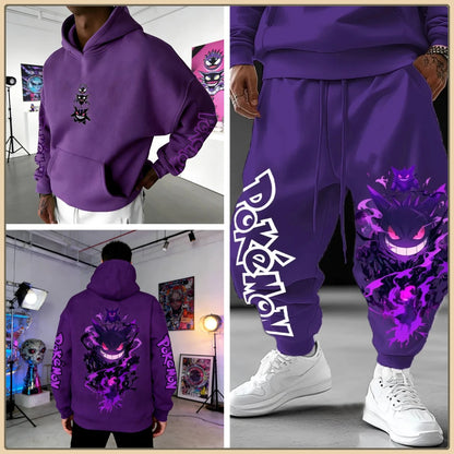 Black Hoodie and Pants Set with Pokemon Character Print Sleeve and Side Text Streetwear Anime Tracksuit for Men Unisex Casual