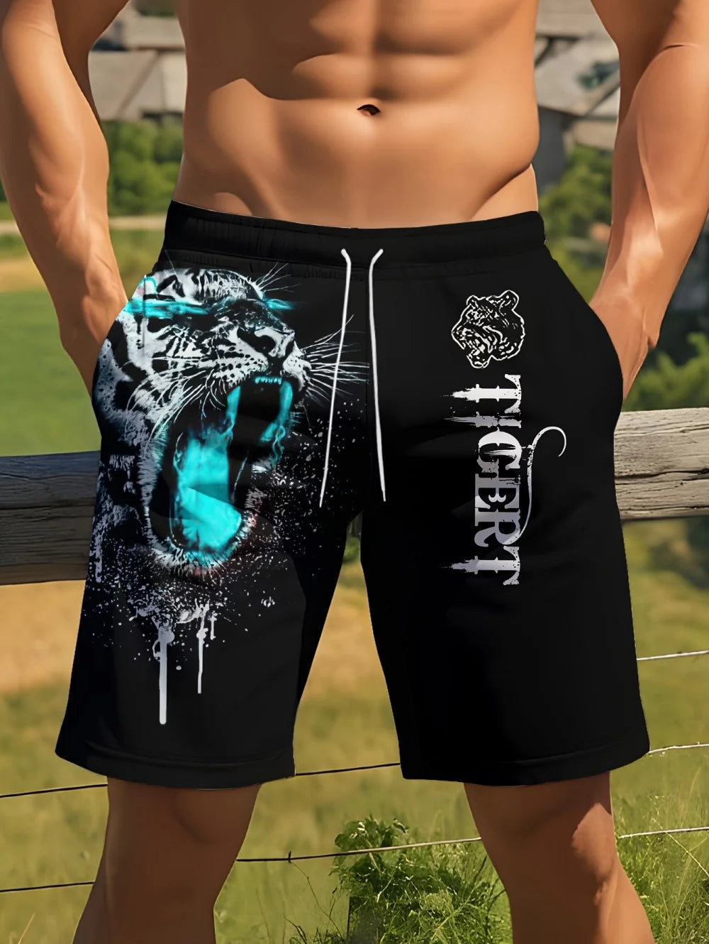 Men Beach Shorts Casual Animal 3D Print Tiger Graphics Drawstring Summer Running Shorts Loose Quick-Dry Sportswear Men Clothes