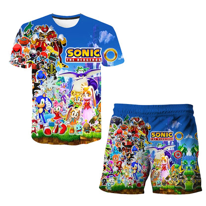 2026 Sonic The Hedgehog 3D T-shirt Set for Boys and Girls: Cute Summer Top + Shorts - Children's Short-Sleeve Birthday Gift
