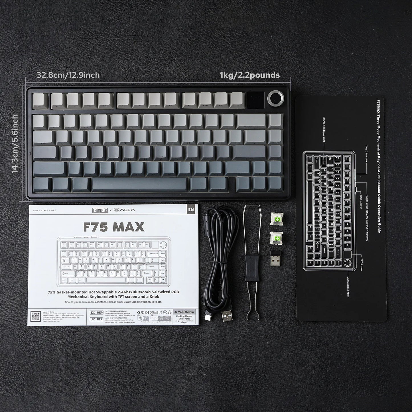EPOMAKER X AULA F75 MAX kompakte mechanische Tastatur im 75-%-ANSI-Layout, kabelgebunden/Bluetooth/2.4GHz kabellos, mit TFT-Bildschirm und Drehregler