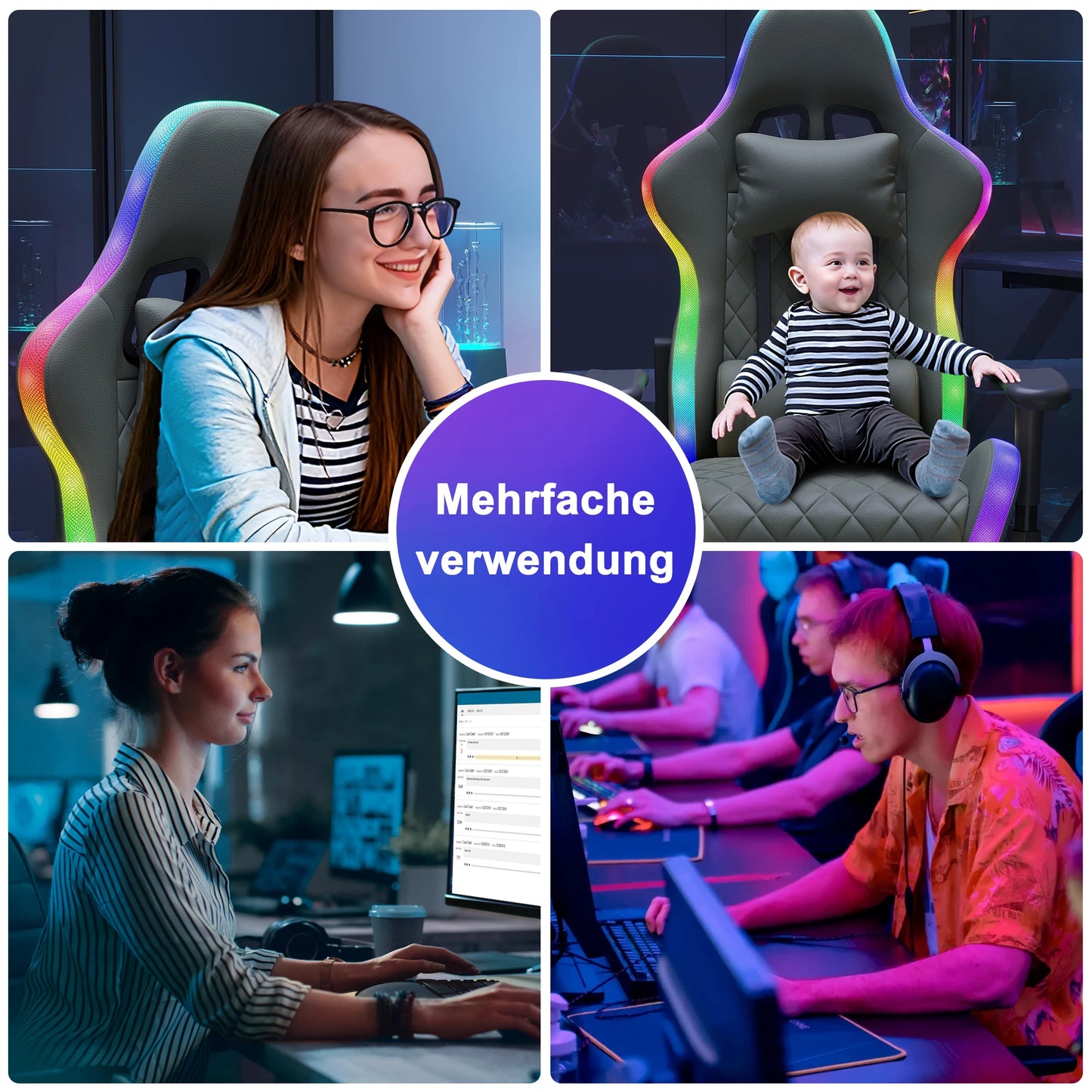 Anajqaqia Gaming Chair RGB LED Light Lumbar Massage Adjustable 90-135° Backrest Ergonomic Office Chair