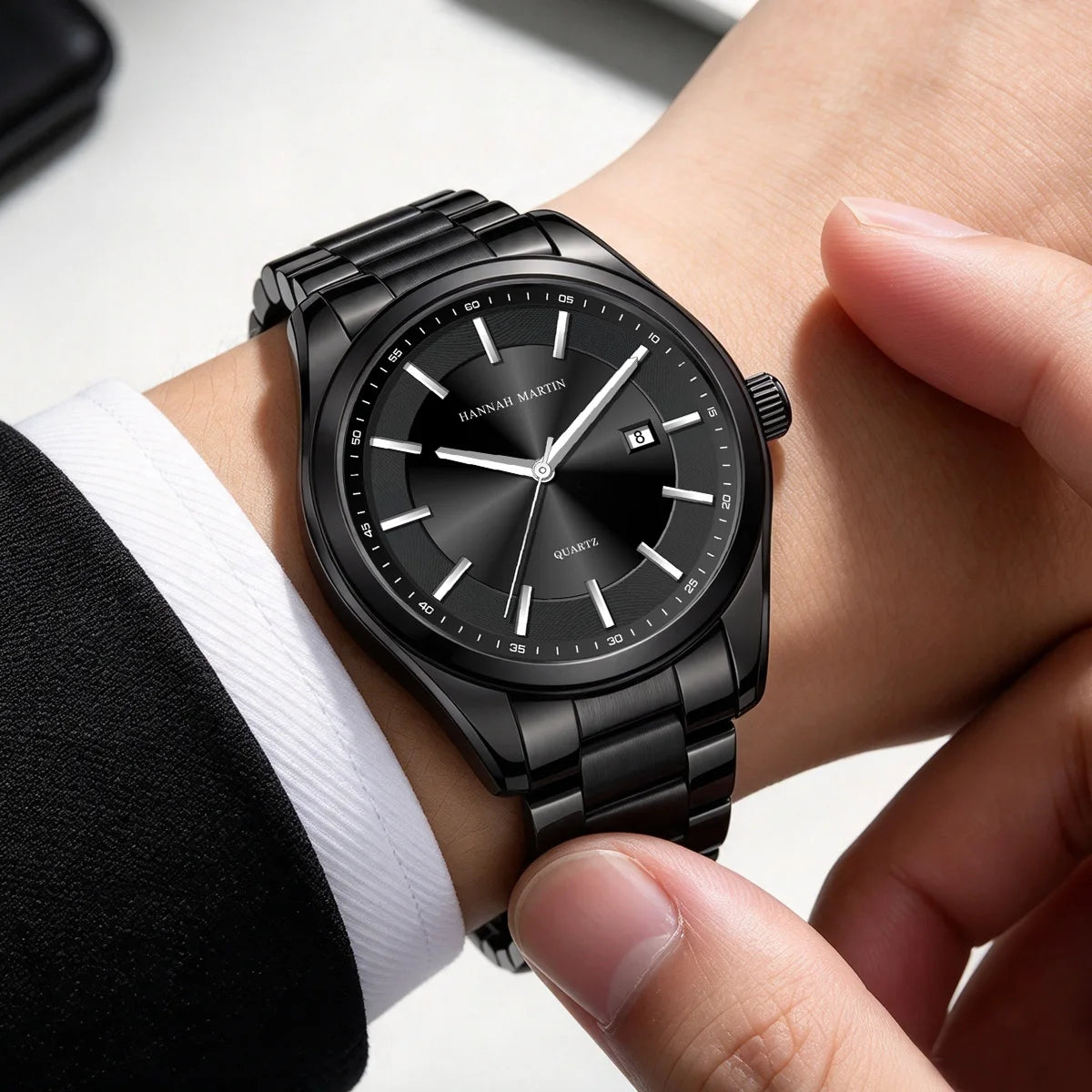 Reloj de cuarzo HANNAH MARTIN, 40 mm, para hombre, correa de acero inoxidable negro, resistente al agua hasta 3 bares, estilo deportivo-elegante