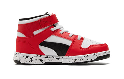 Puma Rebound LayUp Little Kid Speckled - Baskets rouges High Risk, blanc et noir 386925-01