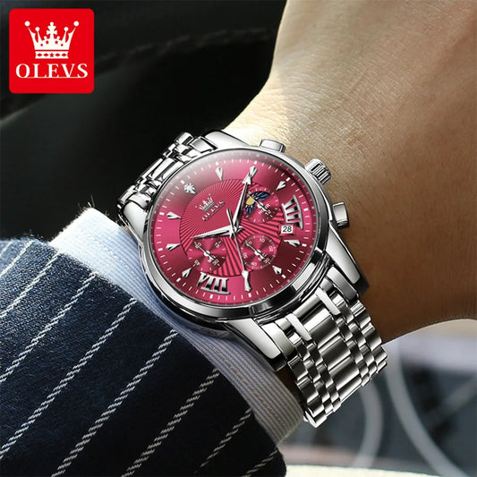 Relógio de homem OLEVS – Modelo desportivo e luxuoso, vermelho, estanque, em aço inoxidável, cronógrafo de quartzo