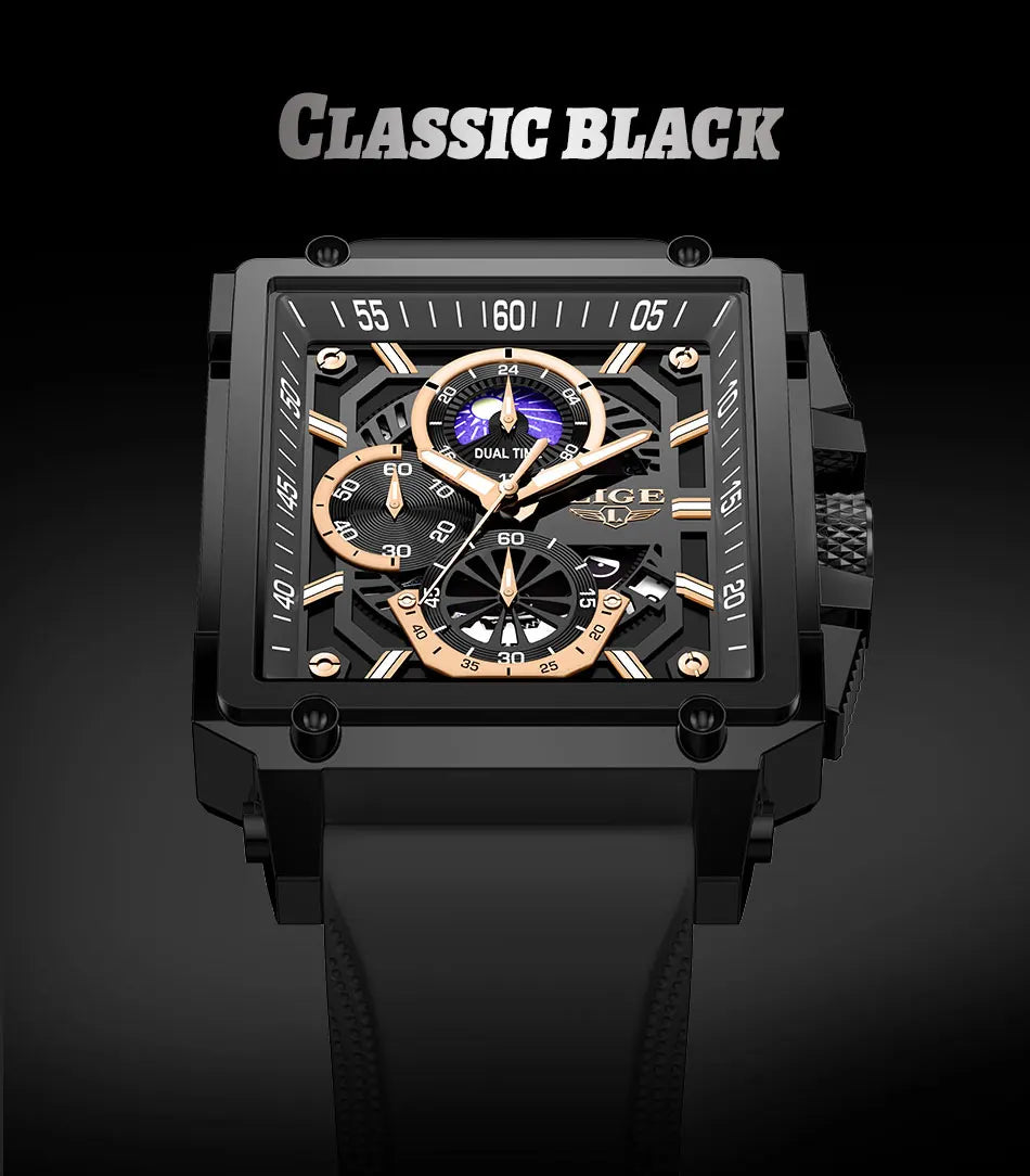 New LIGE Mens Watches Top Brand Luxury Hollow Square Sport Watch For Men Fashion Silicone Strap Waterproof Quartz WristWatch+Box