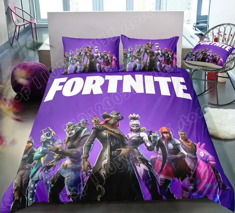 Fortnite-Bettwäsche-Set, Bettbezug, 3-teilig, 3D-bedruckte Schlafzimmer-Bettwäsche, Game-Anime-Cartoon-Kissenbezug, Zimmerdekoration, Geschenk