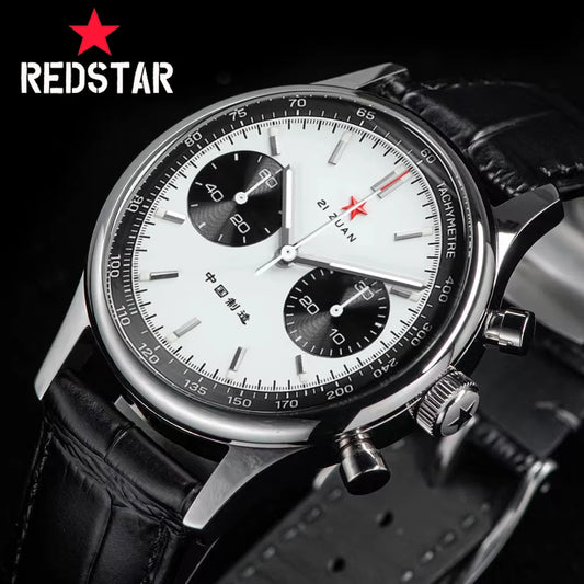 Red Star Panda Men's 1963 Chronograph Mechanical Wristwatch Seagull ST1901 Movement Gooseneck 40mm Luminous Sapphire Pilot Watch